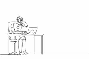 Single continuous line drawing robot employee crying while wiping tears using tissue and staring at laptop. Robotic artificial intelligence. Electronic technology. One line design vector illustration