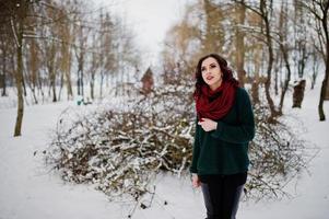 Brunette girl in green sweater and red scarf outdoor on evening winter day. photo