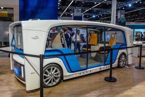 FRANKFURT, GERMANY - SEPT 2019 white blue driverless shuttle bus RINSPEED SNAP, IAA International Motor Show Auto Exhibtion photo