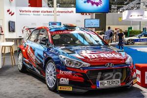 FRANKFURT, GERMANY - SEPT 2019 red blue rally HYUNDAI I20 sport hatchback, IAA International Motor Show Auto Exhibtion photo