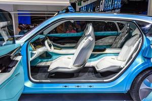 FRANKFURT, GERMANY - SEPT 2019 white interior of sky blue Great Wall Motors WEY-X Concept electric SUV Car, IAA International Motor Show Auto Exhibtion photo