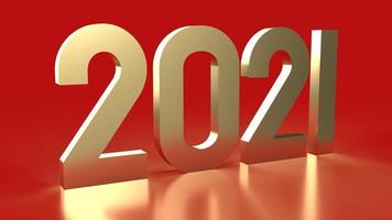 el número de oro 2021 en la representación 3d de fondo rojo. foto