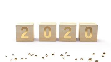 2020 gold number on wood cube for  new year concept 3d rendering. photo