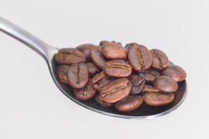 roasted coffee beans in stainless spoon on white background space modern style. photo