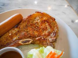 pork chop steak and hotdog Flat Lay image for background. photo