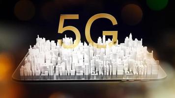 tablet and 5g text gold on white building city 3d rendering for networking content. photo