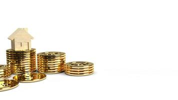 The  home wooden gold coins group 3d rendering on white background  for property content. photo