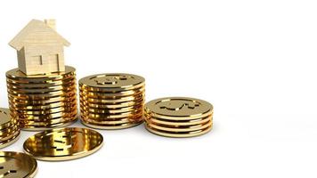 The  home wooden gold coins group 3d rendering on white background  for property content. photo