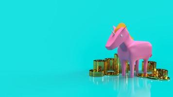 el unicornio rosa y las monedas de oro para la puesta en marcha de la representación 3d de contenido empresarial. foto