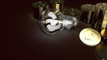 bombilla de luz y monedas de oro en representación 3d oscura para contenido empresarial. foto