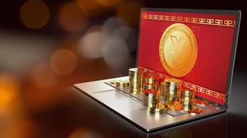 el símbolo de yuan en monedas de oro y renderizado 3d portátil para china digital foto