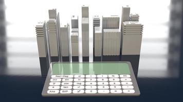 edificio blanco y calculadora para el concepto de propiedad representación 3d. foto