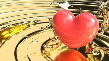 The  red heart  on gold liquid for 14  February  valentine day content. photo