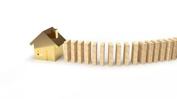 el dominó de madera y la casa de oro 3d representando una imagen abstracta para el contenido de la propiedad. foto