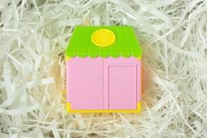 Toy home on Cushioning paper in box for home business content. photo