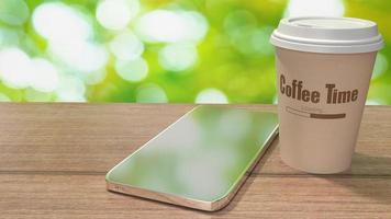 coffee cup on wood table bokeh background  3d rendering photo