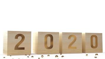 2020 gold number on wood cube for  new year concept 3d rendering. photo