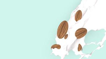 Almond on milk splash for food concept 3d rendering. photo