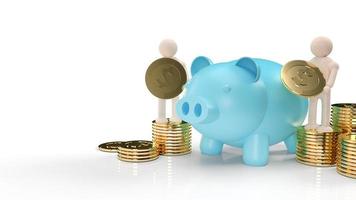 blue piggy bank and wood figure hold gold coins for business content 3d rendering. photo