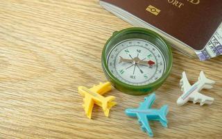 The passport and compass on wood table for travel content. photo