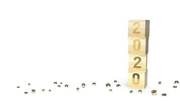 2020 gold number on wood cube for  new year concept 3d rendering. photo