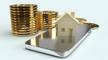 home wood on smartphone and gold coin 3d rendering for property content. photo