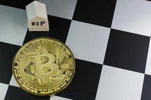 The cryptocurrency  end of bitcoin business content image close up. photo