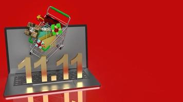 shopping cart on notebook  and gold text 11.11 for shopping content 3d rendering. photo