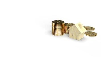 Wood toy house and gold coin 3d rendering on white background for property content. photo