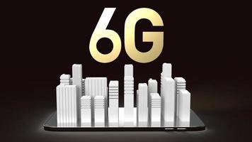 The 3d rendering 6g text gold surface glow on smartphone and building  in dark image for mobile technology content. photo