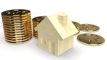 casa de juguete de madera y representación 3d de moneda de oro sobre fondo blanco para contenido de propiedad. foto