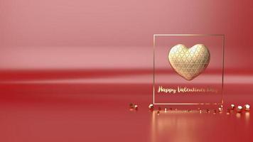 corazón dorado y marco dorado sobre fondo rojo brillante representación 3d para el contenido del día de san valentín. foto