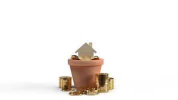 home wood toy and gold coins in plant 3d rendering for property content. photo