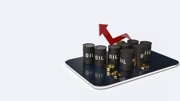 flecha roja apuntando hacia arriba y tanques de aceite imagen de representación 3d para contenido de negocios de petróleo. foto