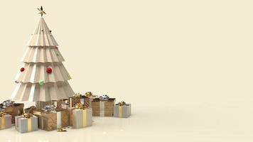 el árbol de navidad dorado y la caja de regalo para la representación 3d de contenido de año nuevo. foto