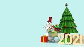 The snowman and shopping cart for Christmas and new year  holiday content 3d rendering photo