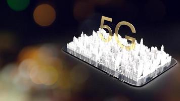 tablet and 5g text gold on white building city 3d rendering for networking content. photo