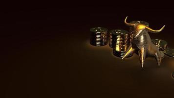 toro oro y monedas de oro renderizado 3d en tono oscuro para contenido comercial. foto