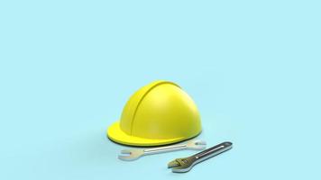 safety helmet and wrench on blue background 3d rendering for labour day content photo