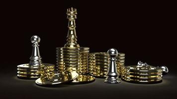 gold king chess on gold coins and silver Pawn  in dark tone 3d rendering for business content. photo