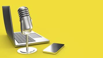 vintage mic  notebook and smartphone on yellow background 3d rendering for podcast  content. photo