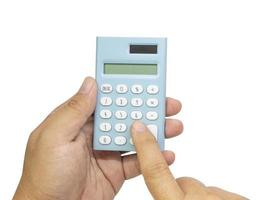Blue calculator on hand white back ground  isolated image. photo