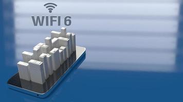 Edificio de representación 3d en el teléfono móvil para el concepto wifi 6. foto