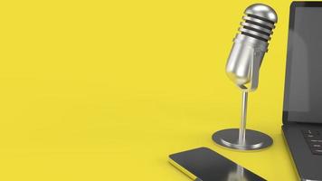 vintage mic  notebook and smartphone on yellow background 3d rendering for podcast  content. photo