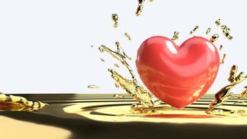 The  red heart  on gold liquid for 14  February  valentine day content. photo