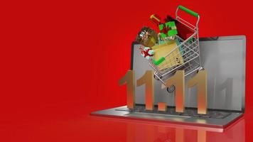 shopping cart on notebook  and gold text 11.11 for shopping content 3d rendering. photo