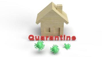 The red quarantine  green virus and wood house word 3d rendering on white background for outbreaks content. photo