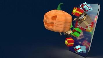 pumpkin jack o lantern and gift box on smartphone  3d rendering. photo