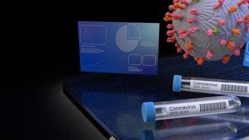 virus de la corona y tubo científico en la representación 3d de la tableta para contenido médico. foto