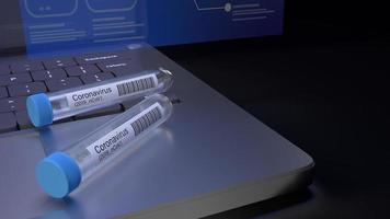 corona virus and  science tube on notebook 3d rendering for medical content. photo
